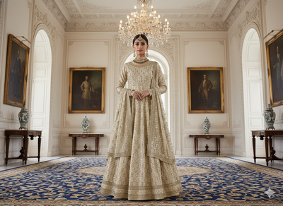 ऑफ व्हाइट मेटैलिक सेक्विन कढ़ाई मलाई साटन फैब्रिक