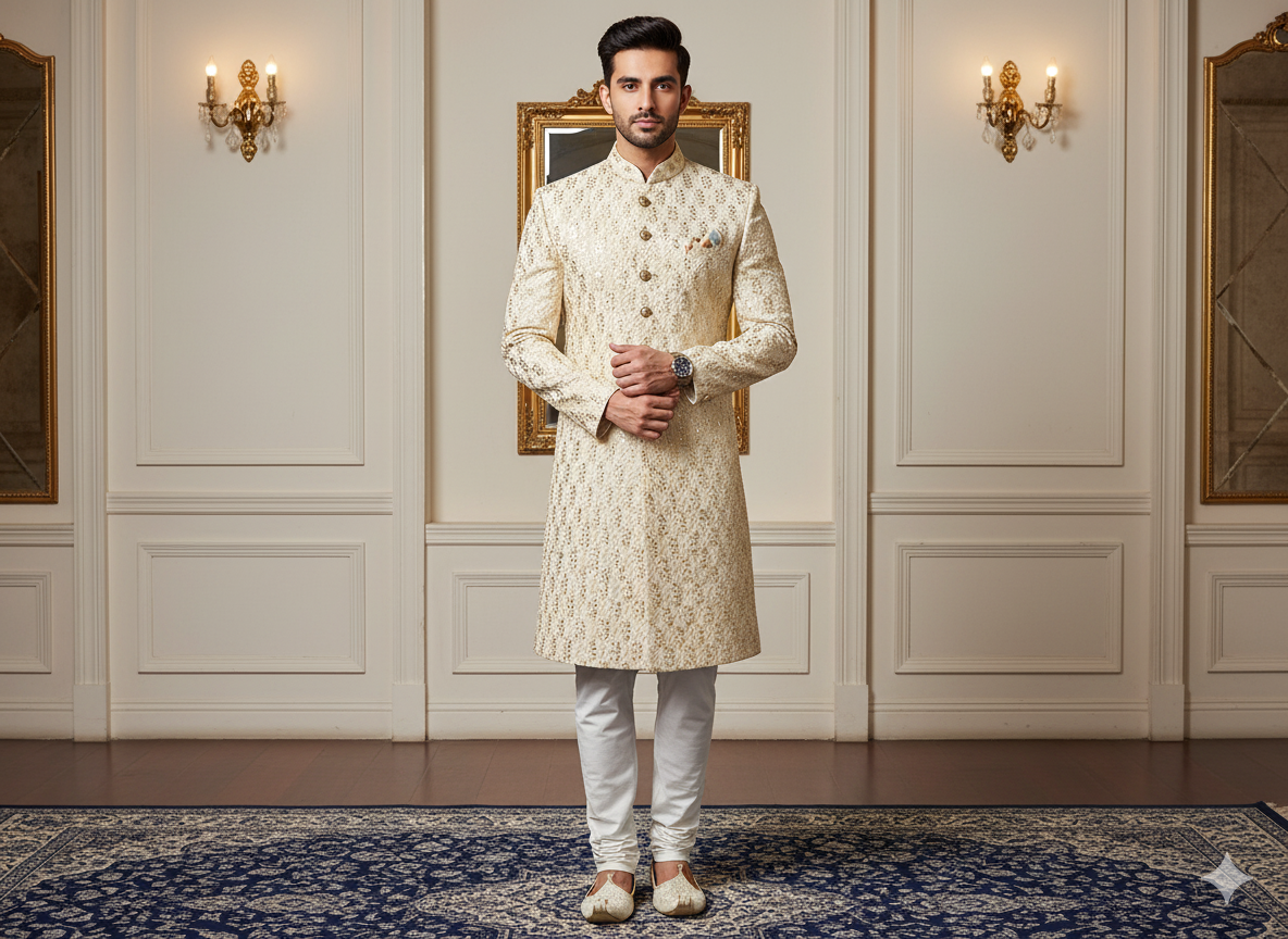 ऑफ व्हाइट मेटैलिक सेक्विन कढ़ाई मलाई साटन फैब्रिक