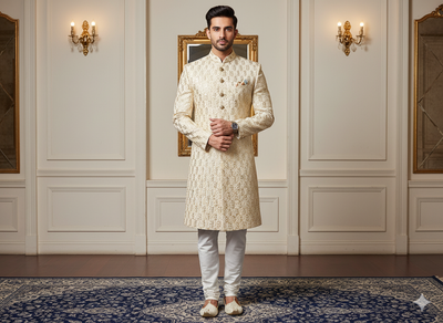 ऑफ व्हाइट मेटैलिक सेक्विन कढ़ाई मलाई साटन फैब्रिक