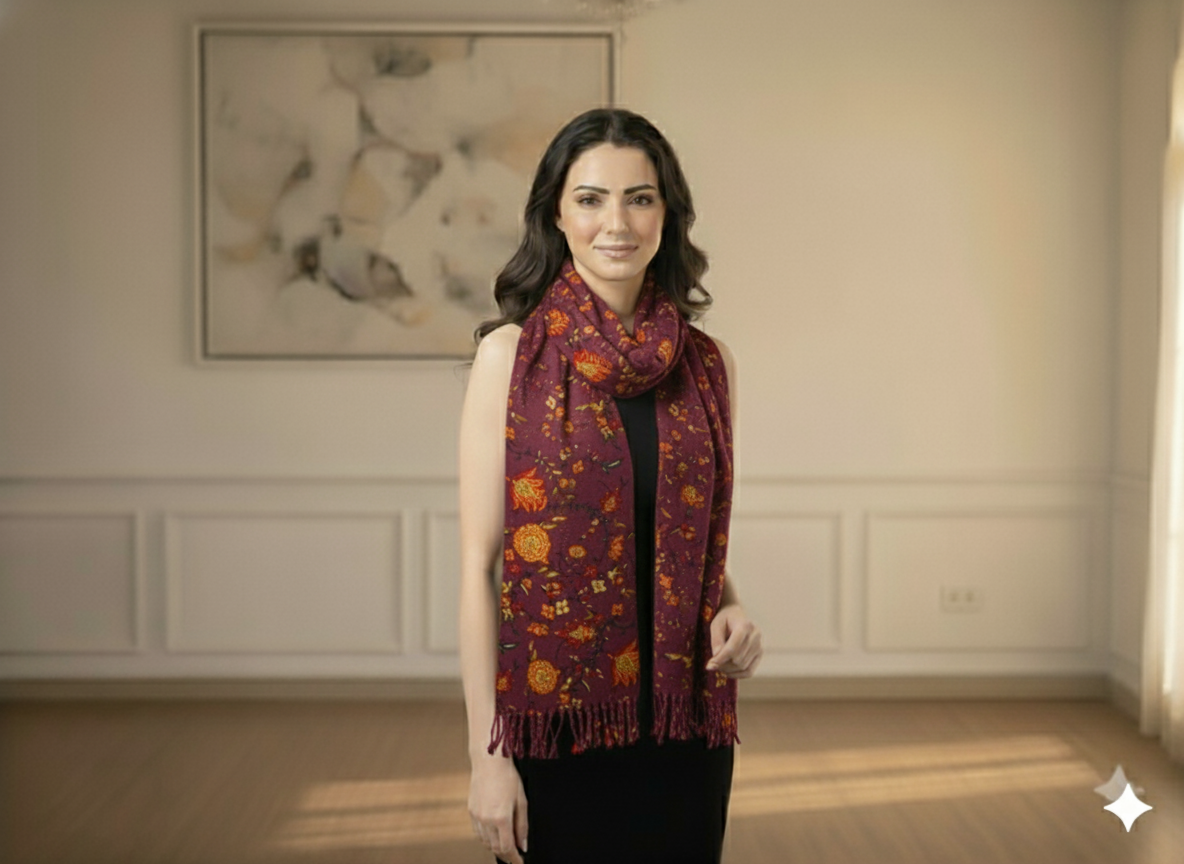 Purple Floral Printed Semi Pashimna Woolen Fabric