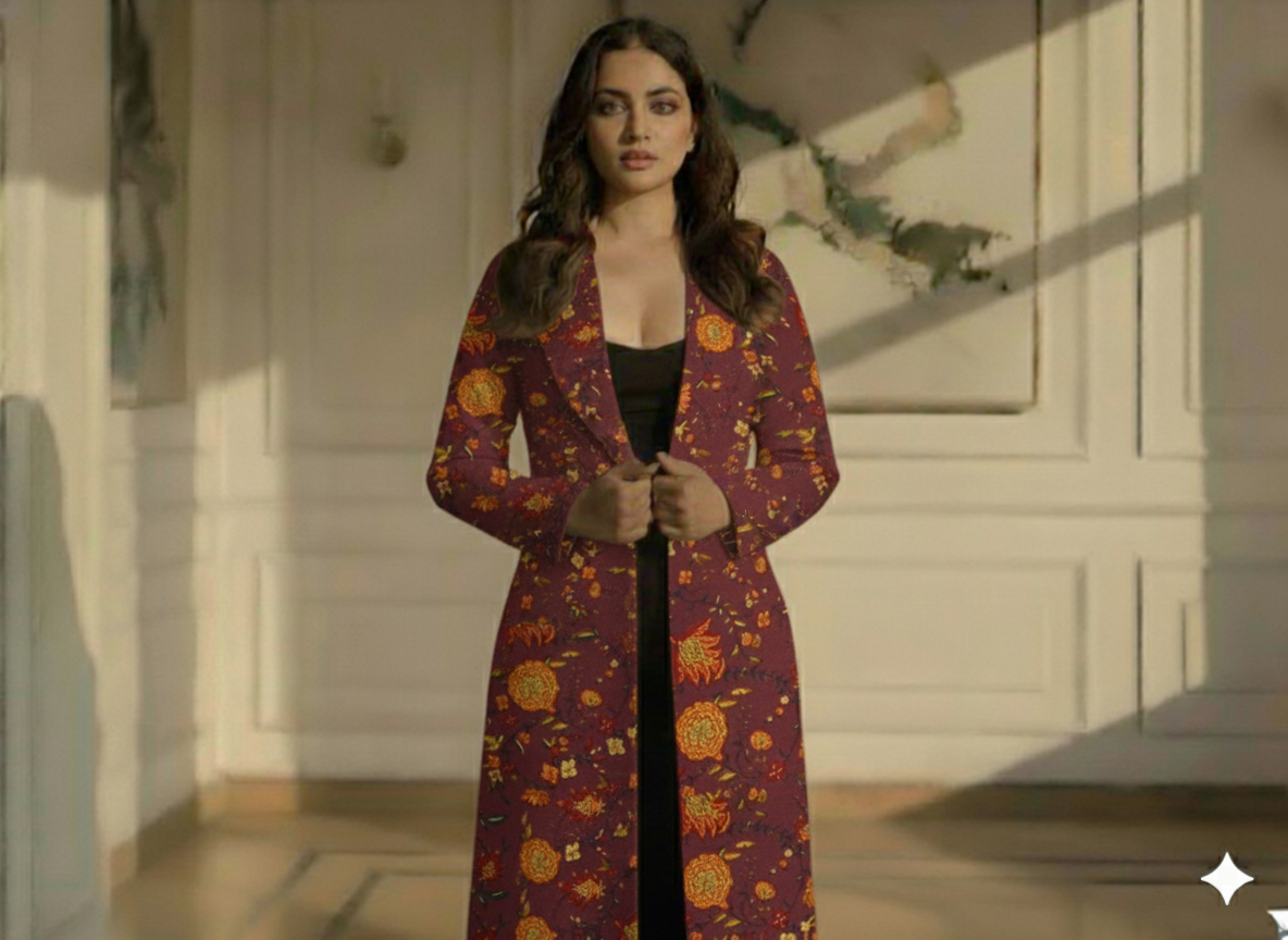 Purple Floral Printed Semi Pashimna Woolen Fabric