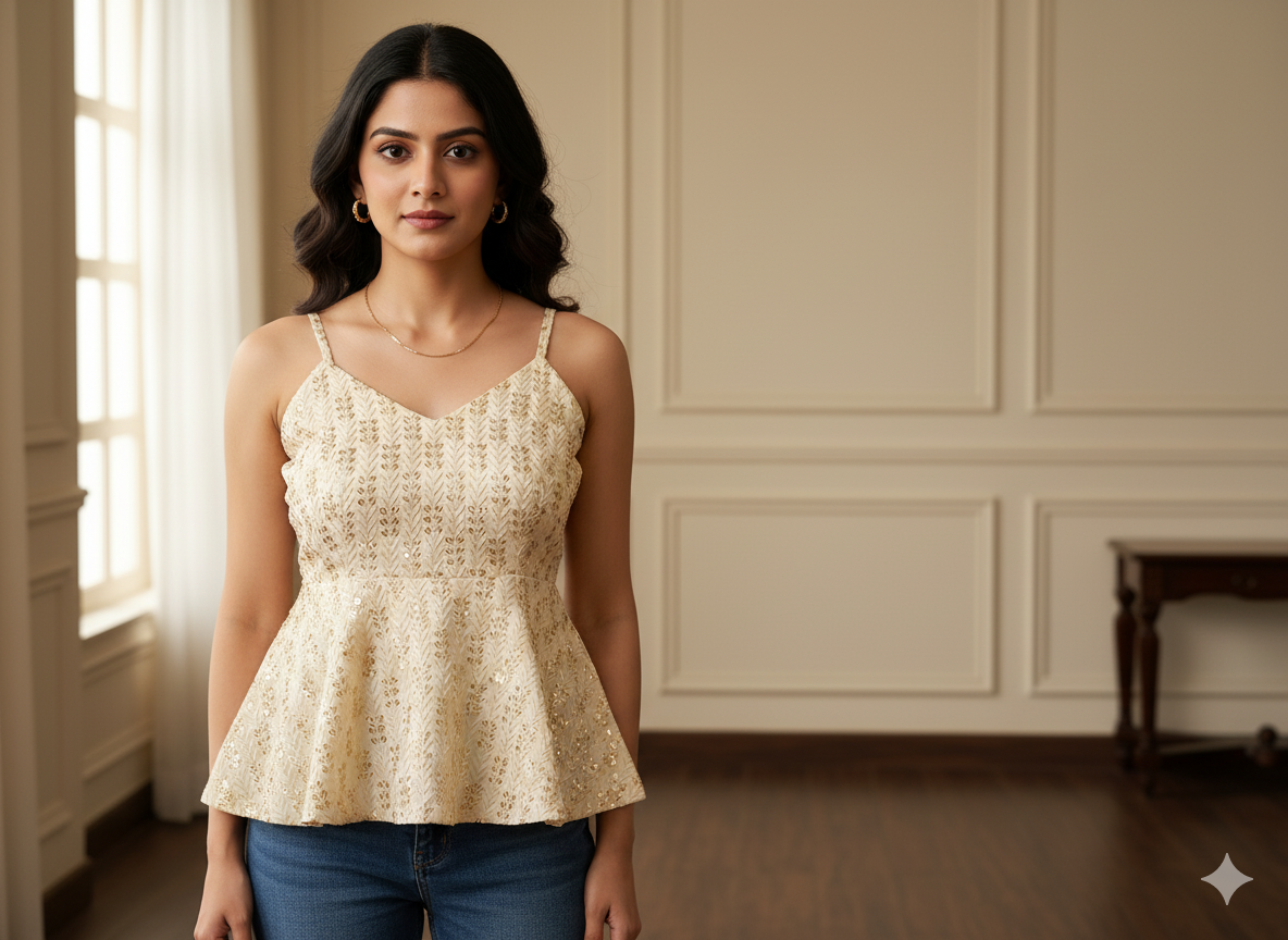 ऑफ व्हाइट मेटैलिक सेक्विन कढ़ाई मलाई साटन फैब्रिक