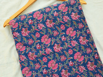 Royal Blue Floral Pure Cotton Kantha Fabric