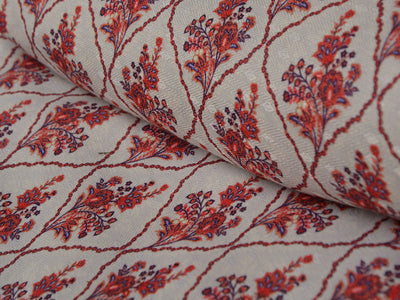 Precut of 1 Meter Beige & Maroon Floral Semi Pashmina Wool Fabric