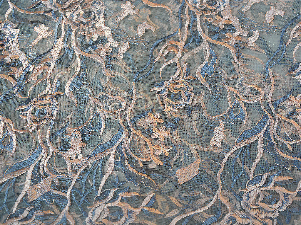 Peach & Blue Floral Thread Embroidered Glitter Net Fabric