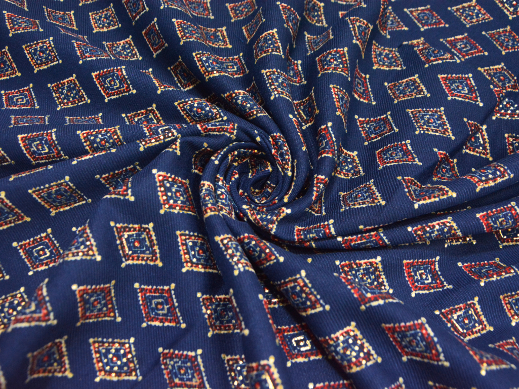 Navy Blue Traditional Printed Semi Pashimna Woolen Fabric