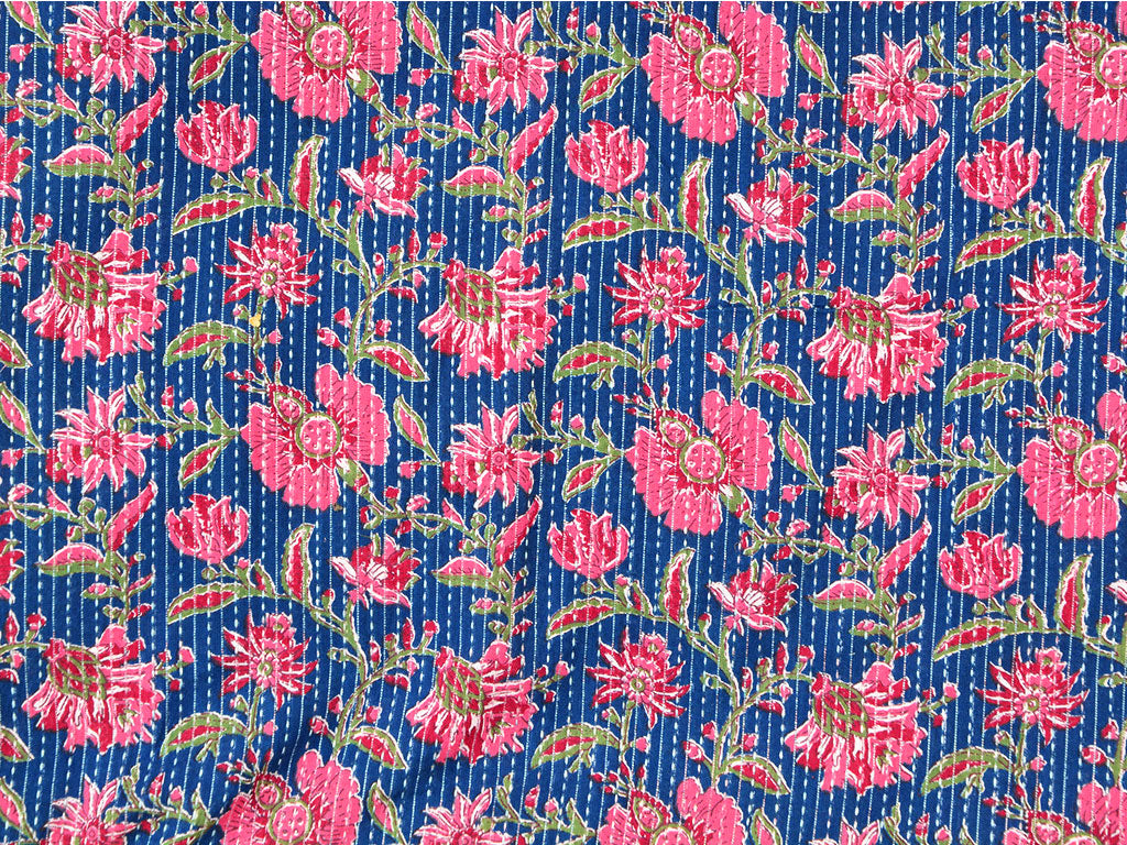 Royal Blue Floral Pure Cotton Kantha Fabric