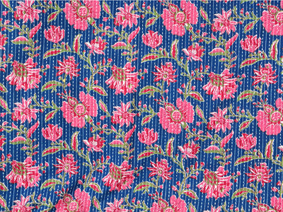 Royal Blue Floral Pure Cotton Kantha Fabric