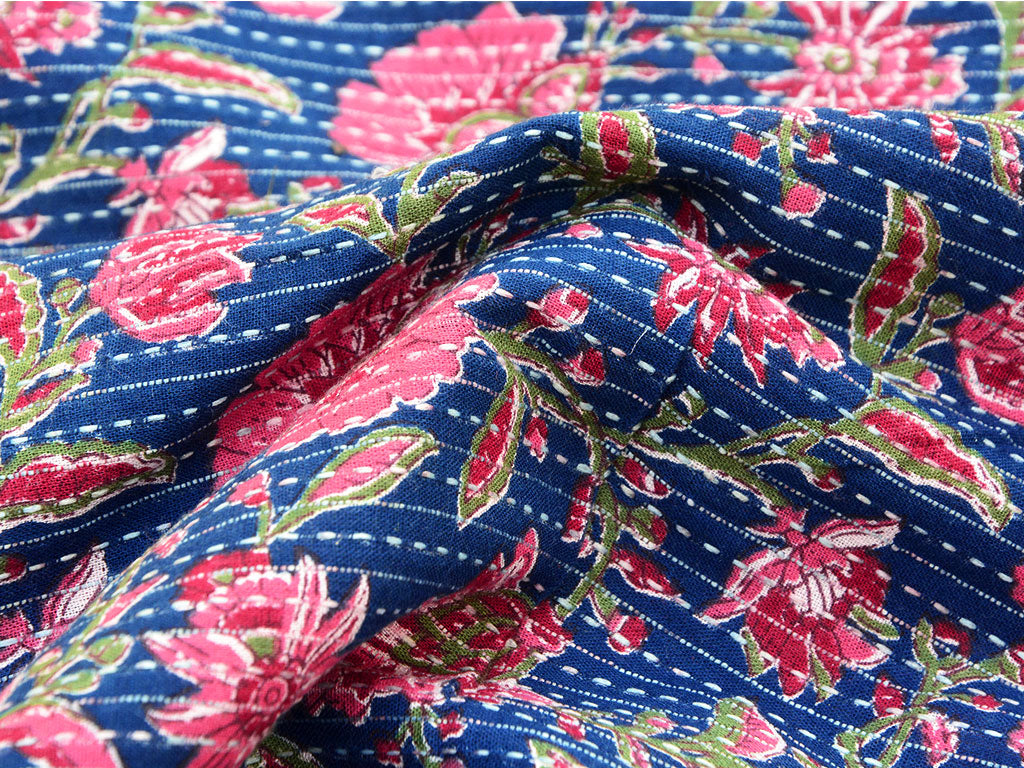 Royal Blue Floral Pure Cotton Kantha Fabric