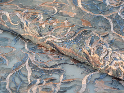 Peach & Blue Floral Thread Embroidered Glitter Net Fabric