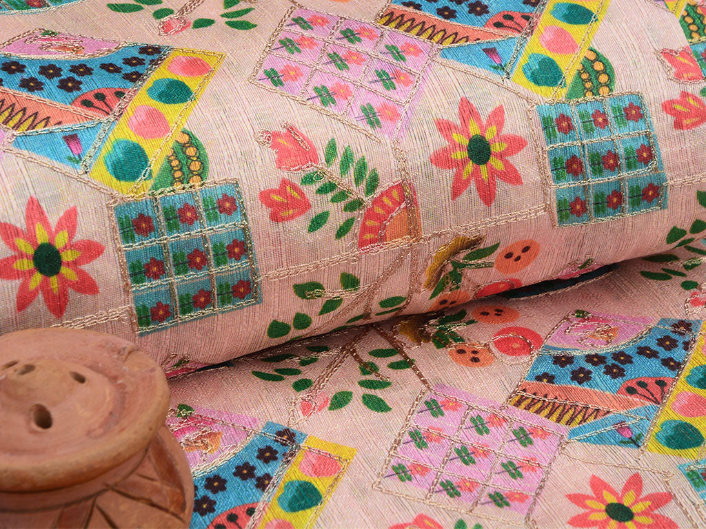 Baby Pink Multicolor Traditional Digital Print Heavy Zari Embroidered Mulberry Silk Fabric