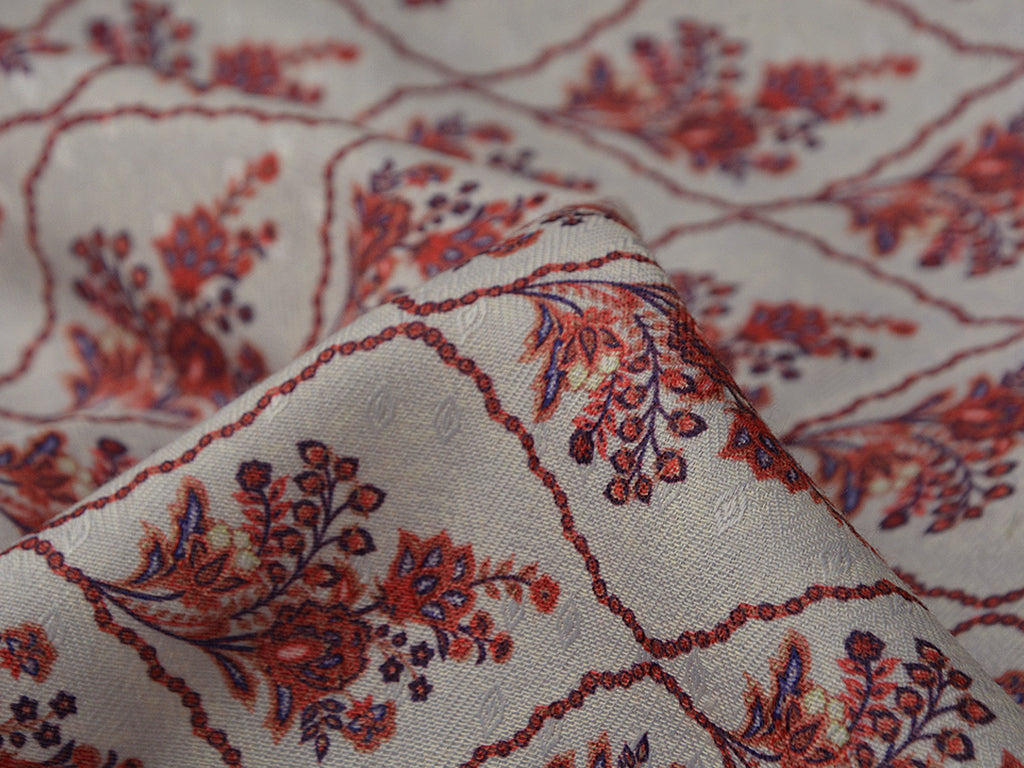 Precut of 1 Meter Beige & Maroon Floral Semi Pashmina Wool Fabric