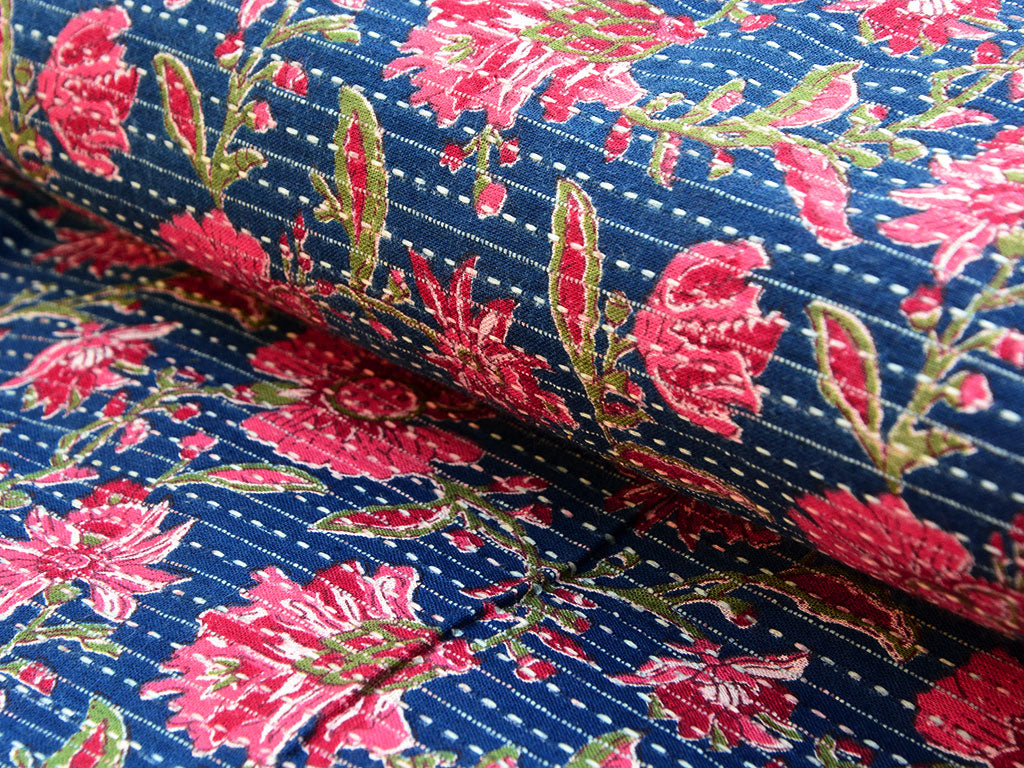 Royal Blue Floral Pure Cotton Kantha Fabric