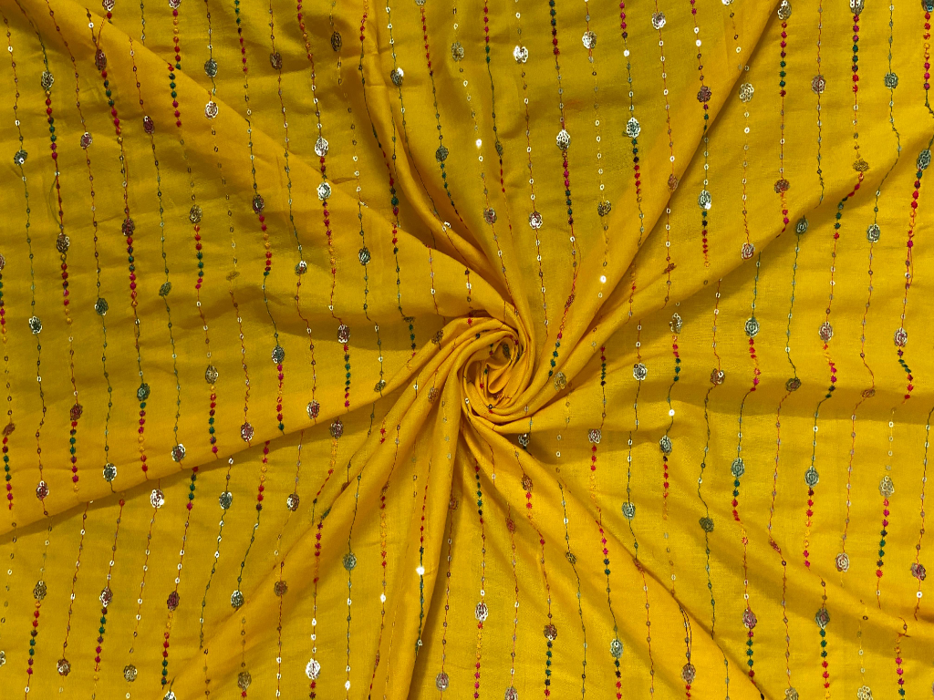 Bright Yellow Luxuries Embroidery Work Cotton Rayon Fabric