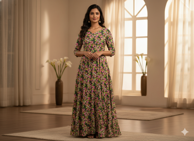 Blue Floral Digitally Printed Butter Crepe Fabric