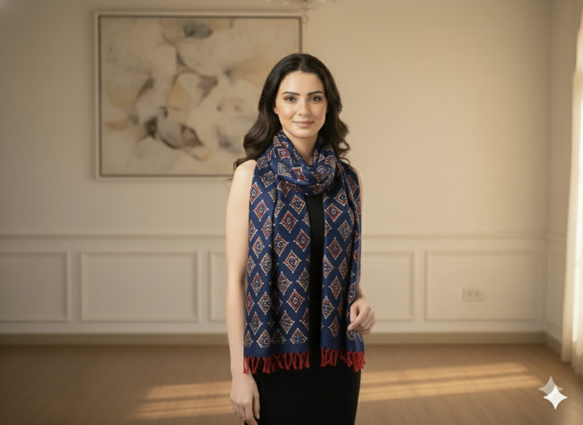 Navy Blue Traditional Printed Semi Pashimna Woolen Fabric