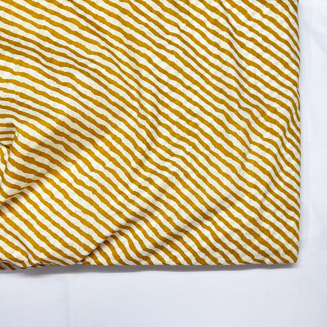 Mustard Yellow & White Stripes Printed Cotton Fabric