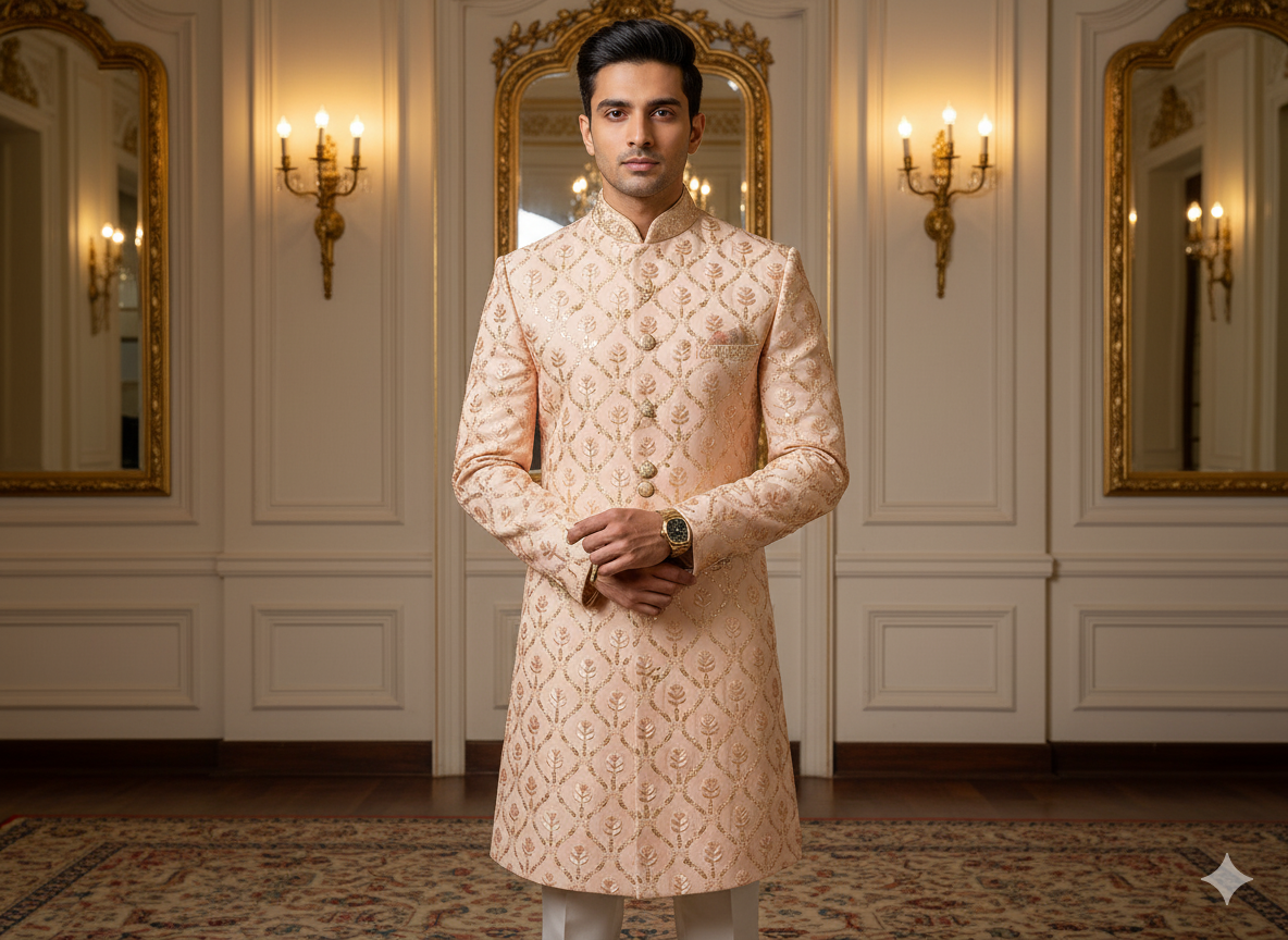 पीच मेटैलिक सेक्विन कढ़ाई मलाई साटन कपड़ा