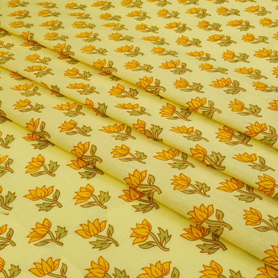 Yellow & Green Floral Dyed Printed Pure Cotton Fabric