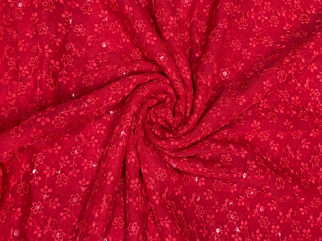 Bright Red Floral Georgette Silk Fabric