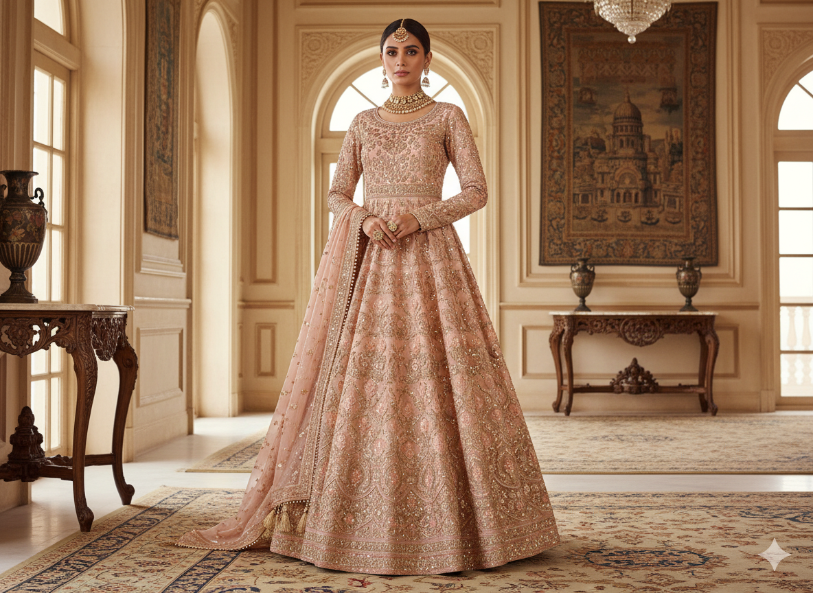 पीच मेटैलिक सेक्विन कढ़ाई मलाई साटन कपड़ा