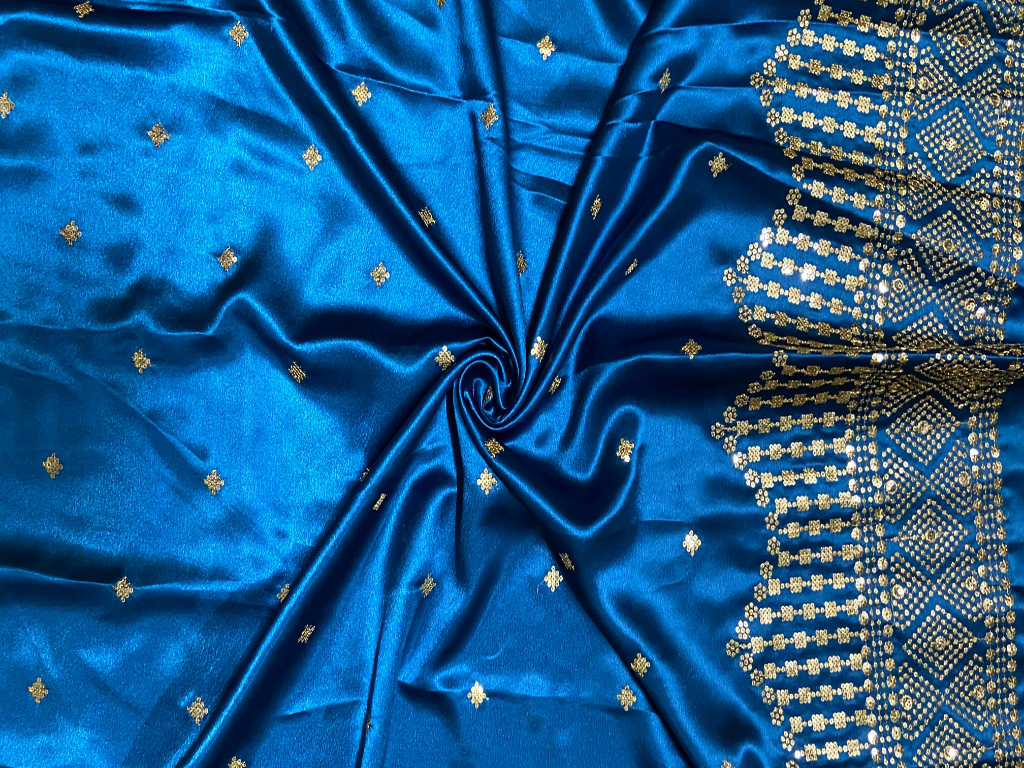 Teal Blue Daman With Zari & Sequins Work Silk Fabric