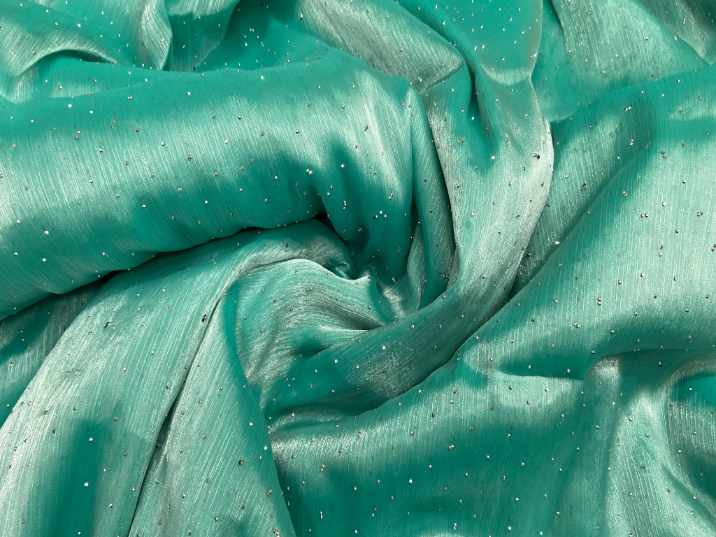 Turquoise Green Dual Shade Burberry Stone Polyester Silk Fabric