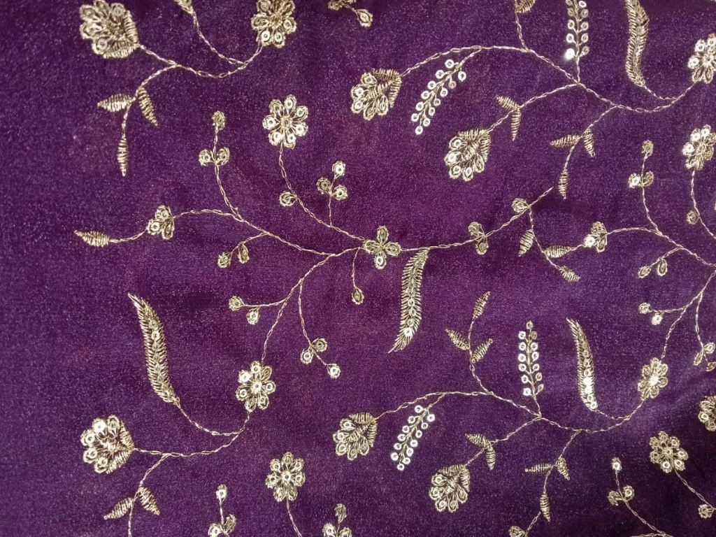 Wine Floral Embroidered Silk Fabric