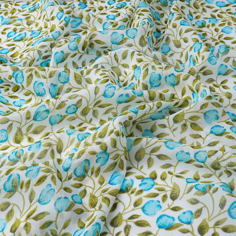 White & Turquoise Floral Printed Pure Viscose Georgette Fabric