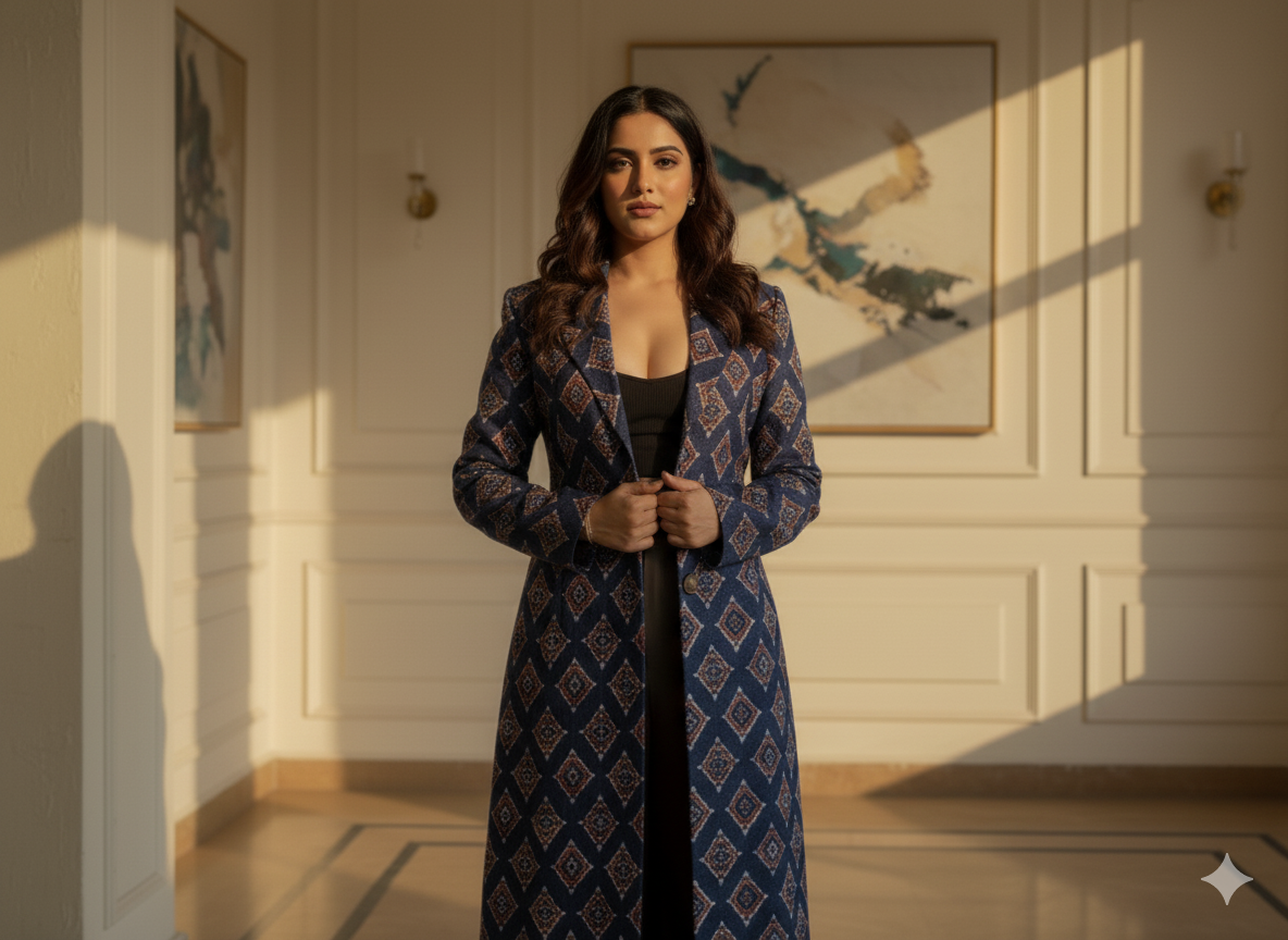 Navy Blue Traditional Printed Semi Pashimna Woolen Fabric