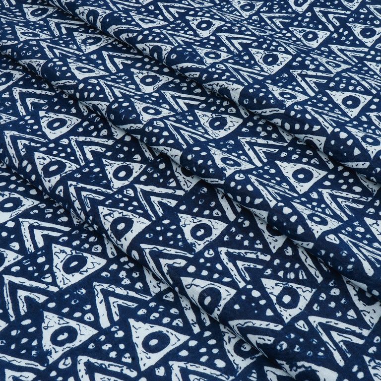 Navy Blue & White Geometric Printed Pure Cotton Fabric