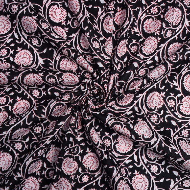 Black & Red Floral Moghul Printed Pure Cotton Fabric