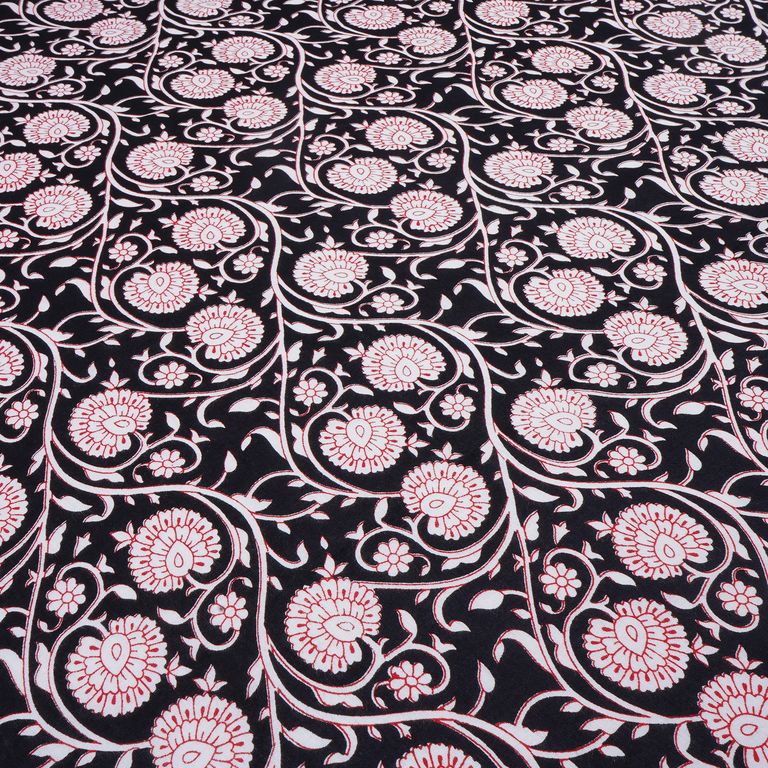 Black & Red Floral Moghul Printed Pure Cotton Fabric