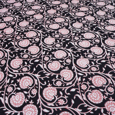 Black & Red Floral Moghul Printed Pure Cotton Fabric