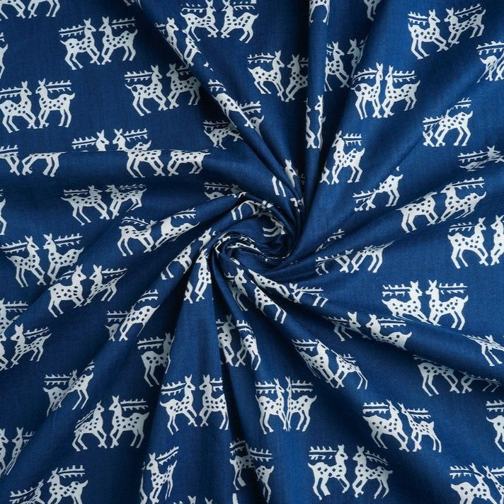 Navy Blue & White Quirky Printed Pure Cotton Fabric