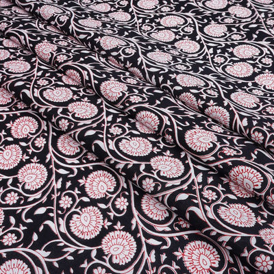 Black & Red Floral Moghul Printed Pure Cotton Fabric