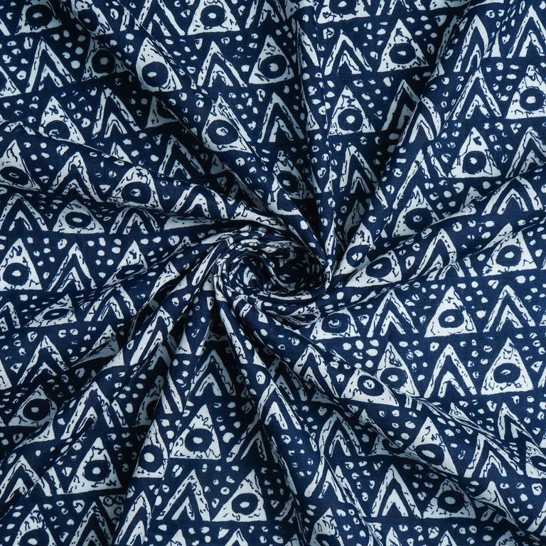 Navy Blue & White Geometric Printed Pure Cotton Fabric