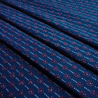 Navy Blue & Red Stripes Printed Pure Cotton Fabric