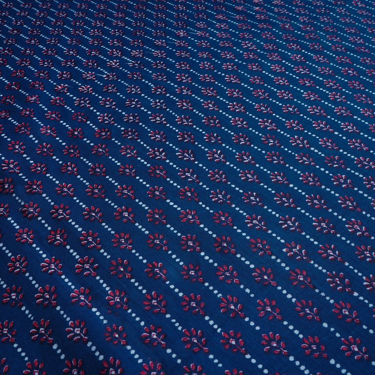 Navy Blue & Red Stripes Printed Pure Cotton Fabric