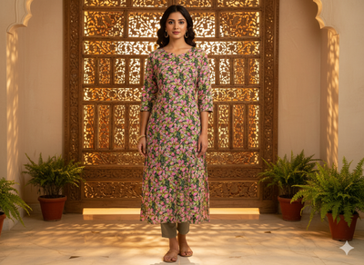 Blue Floral Digitally Printed Butter Crepe Fabric