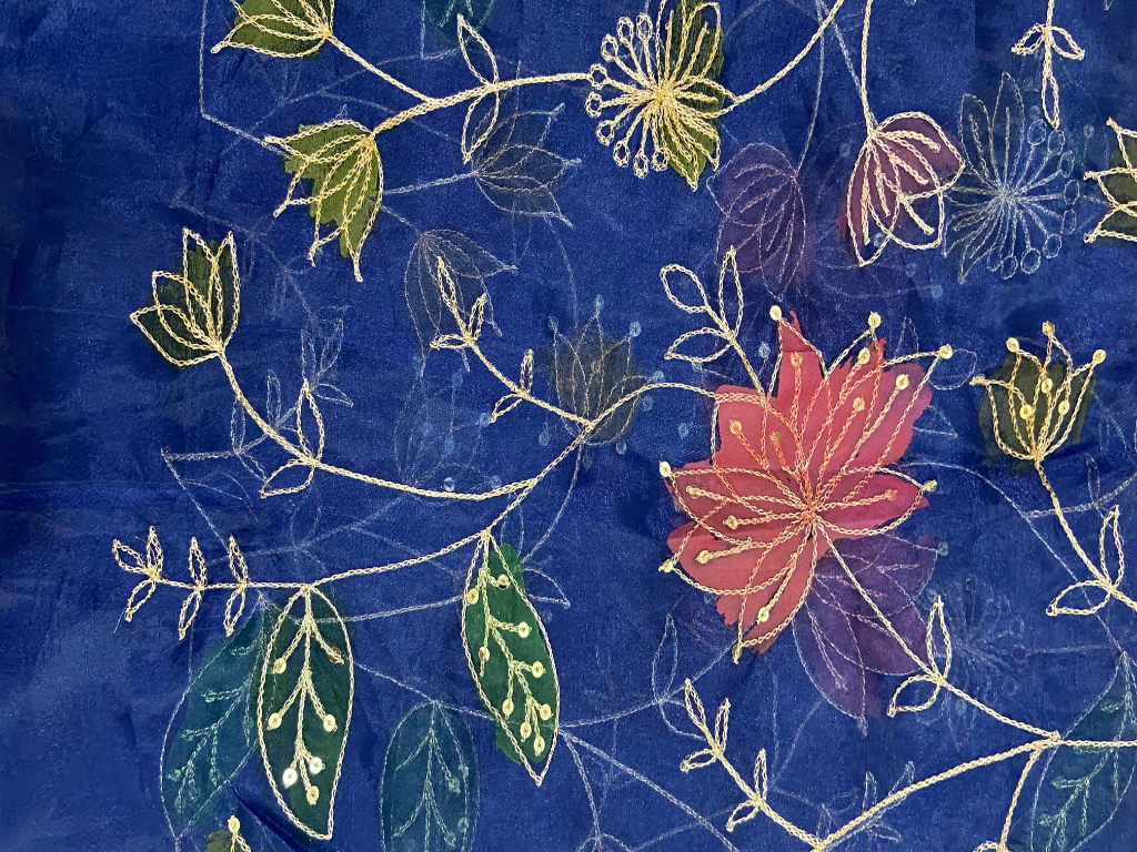Blue Floral Embroidered Work Viscose Organza Fabric