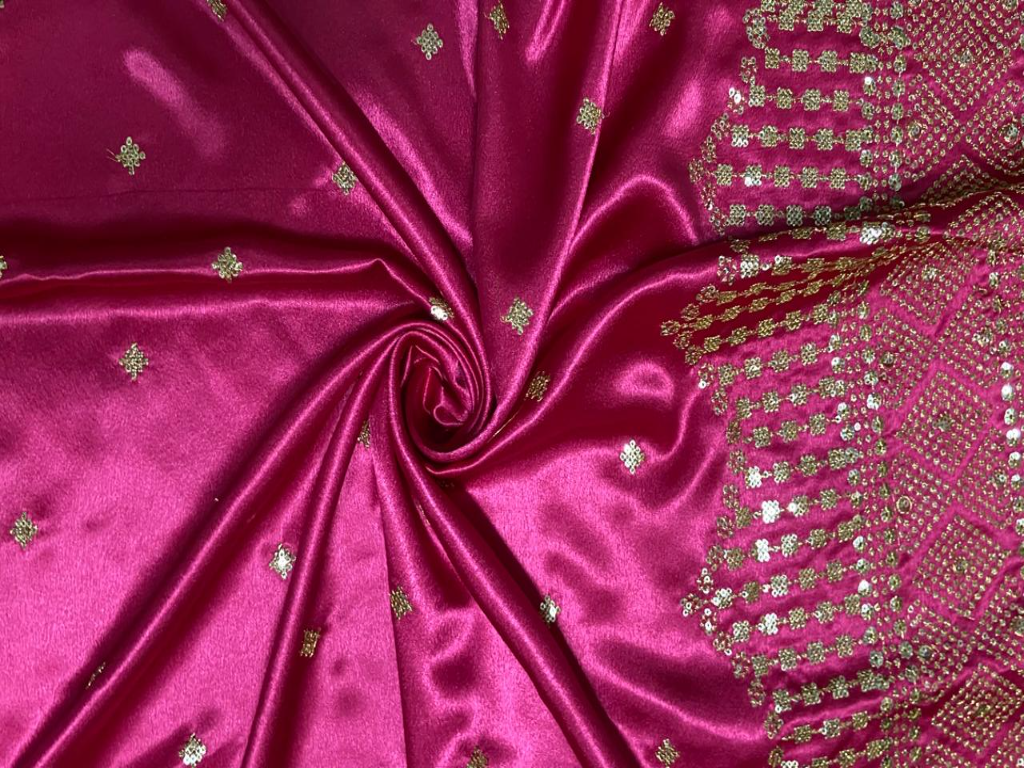Bright Pink Daman With Zari & Sequins Work Satin Fabric