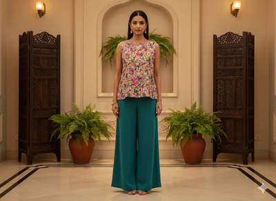 Blue Floral Digitally Printed Butter Crepe Fabric