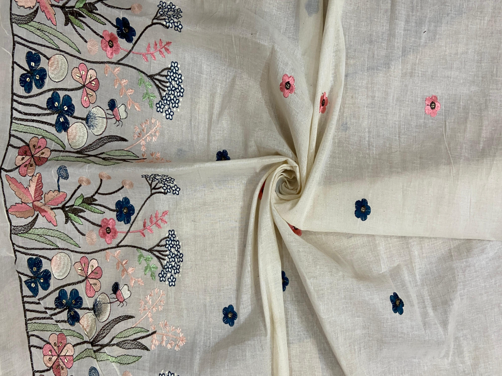 Off White Daman Embroidered Work Pure Cotton Fabric