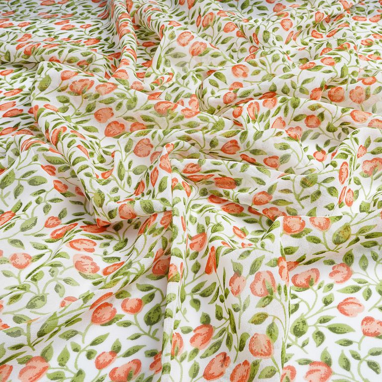 White & Peach Floral Printed Pure Viscose Georgette Fabric