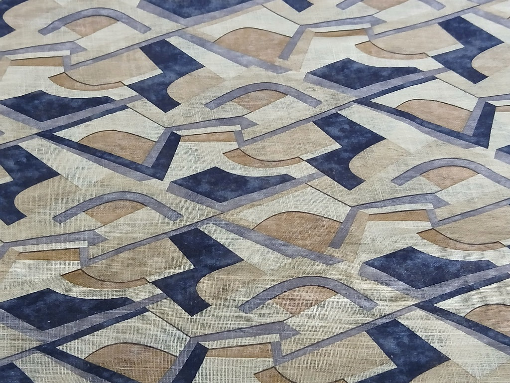 Beige & Navy Blue Abstract Digital Print Linen Fabric (Wholesale)