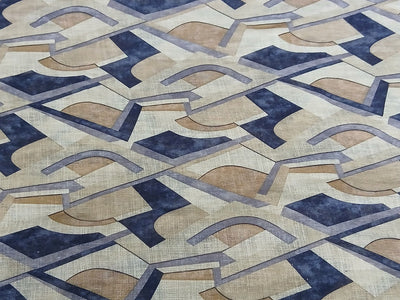 Beige & Navy Blue Abstract Digital Print Linen Fabric (Wholesale)