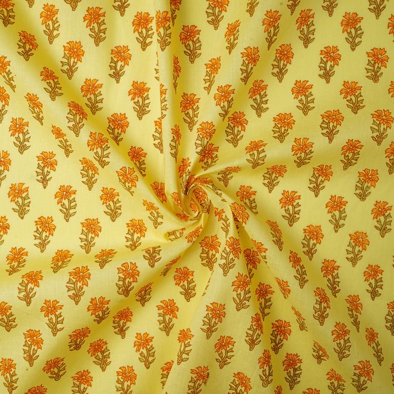 Yellow & Green Floral Dyed Printed Pure Cotton Fabric