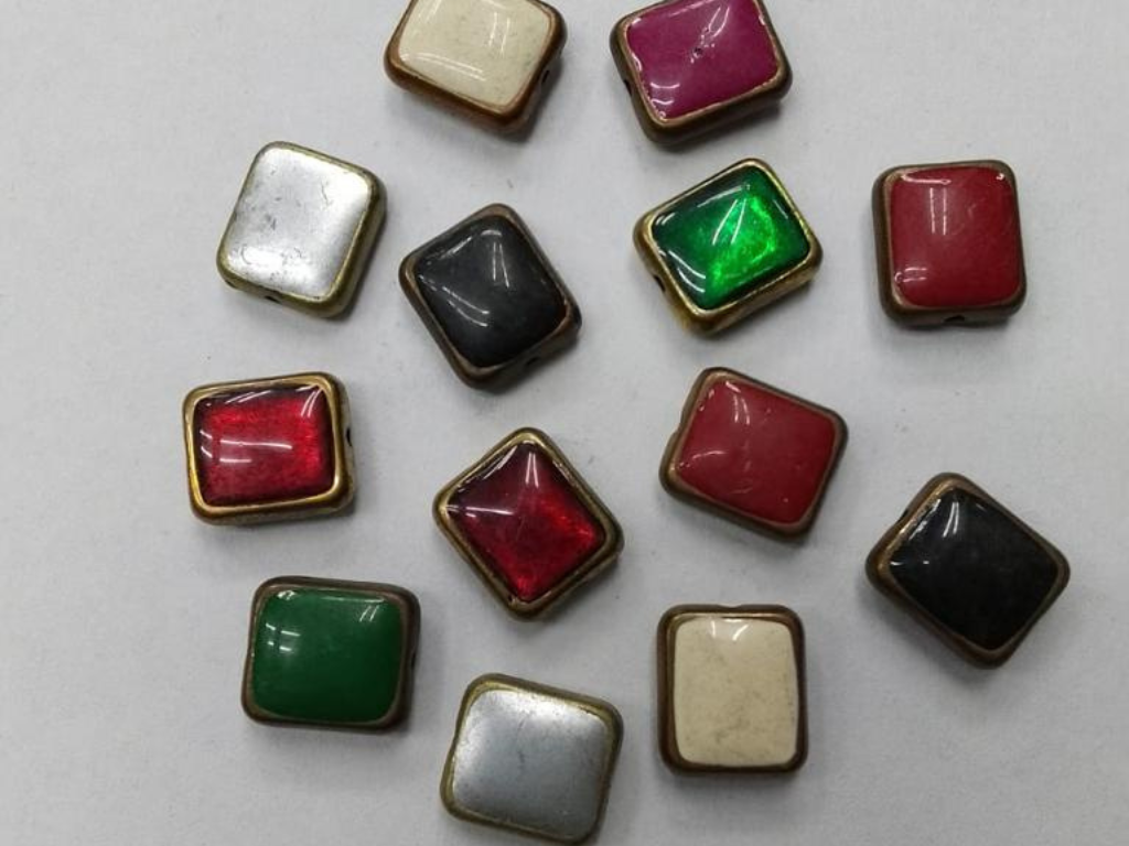 Multicolor Rectangular Plastic Beads with Enamel and Gold Side Frame