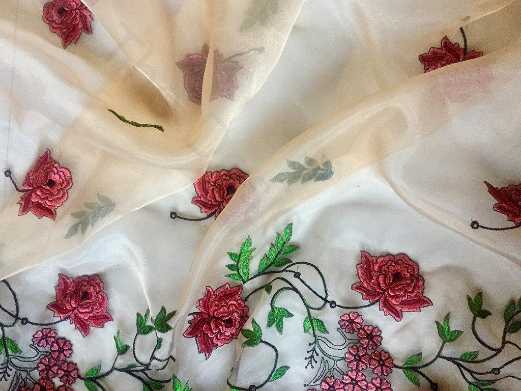 Off White Floral Design Embroidered Organza Fabric (Wholesale)